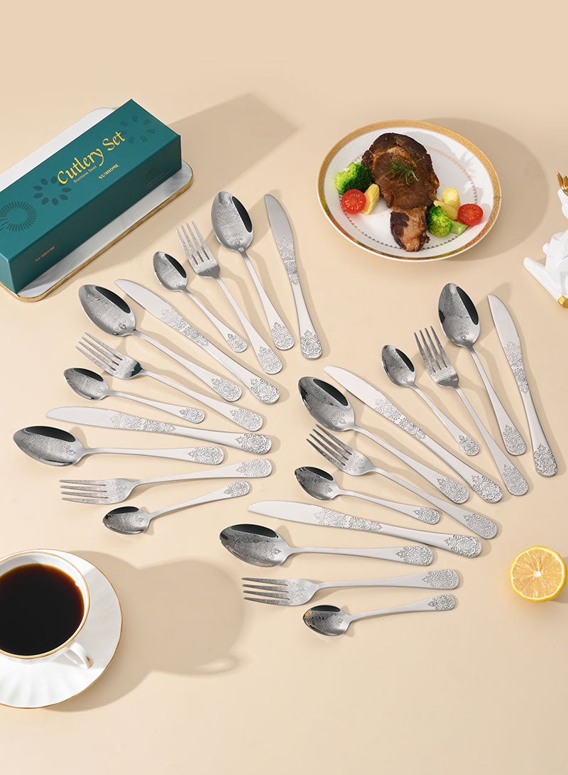 SUNHOME 24-Piece Stainless Steel Cutlery Set Silver, Elegant Floral Embossed Flatware Set for 6 Person, Mirror Polished Food Grade Tableware, Ideal for Home Kitchen, Party and Eid Gift - Image 2